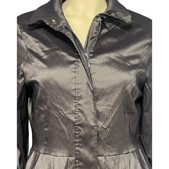 Vtg 90s Joseph Ribkoff Sz 10 Trench Coat Bubble Hem Gray Satin Glam Statement - Picture 7 of 16